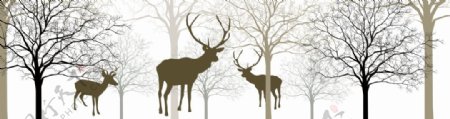 手绘树木森林麋鹿动物装饰画