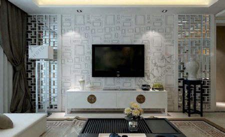 现代时尚白色镂空隔断客厅室内装修效果图