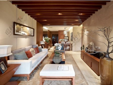 中式清雅客厅木制天花板室内装修效果图