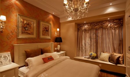 现代时尚卧室金红色背景墙室内装修效果图