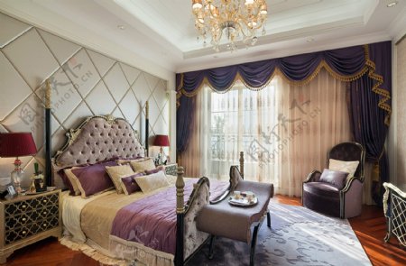欧式蓝紫色窗帘卧室室内装修效果图