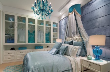 现代青春卧室蓝灰色背景墙室内装修效果图