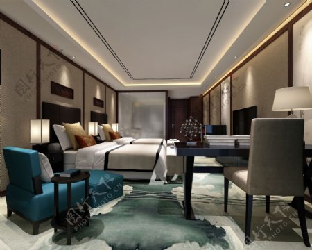 现代时尚卧室宝蓝色单人椅室内装修效果图