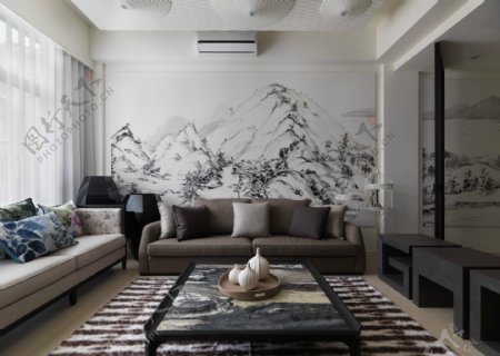 中式时尚室内客厅背景墙效果图