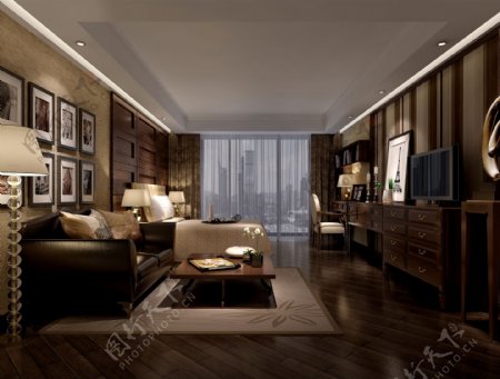 美式清新客厅皮质沙发室内装修效果图