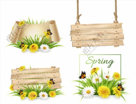 4款春季花卉与蝴蝶装饰木牌