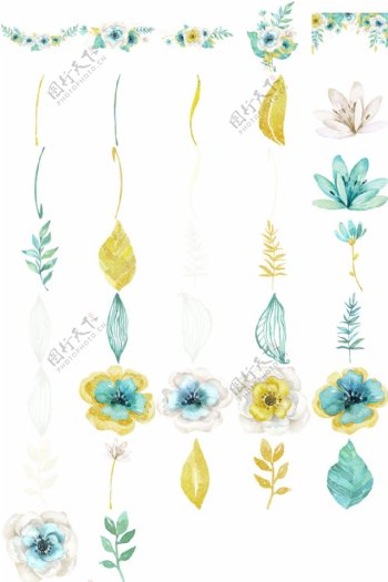 蓝色清新水彩绘花朵和叶子插画