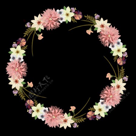 手绘粉色对称花朵圆环png透明素材