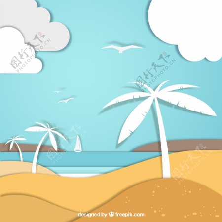 蓝色沙滩椰子树矢量图源文件H5背景