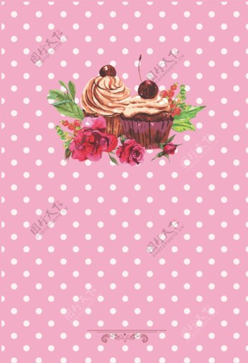 水彩玫瑰纸杯蛋糕甜品海报背景