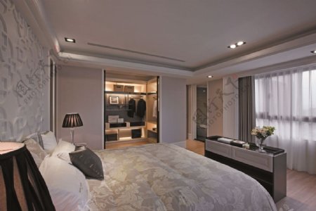现代时尚卧室白色花纹背景墙室内装修效果图