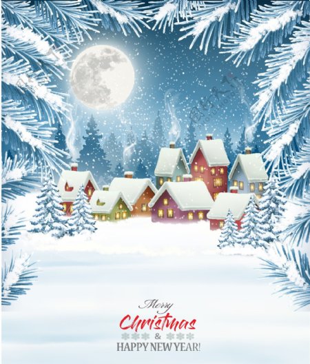 圣诞雪地夜景插画元素