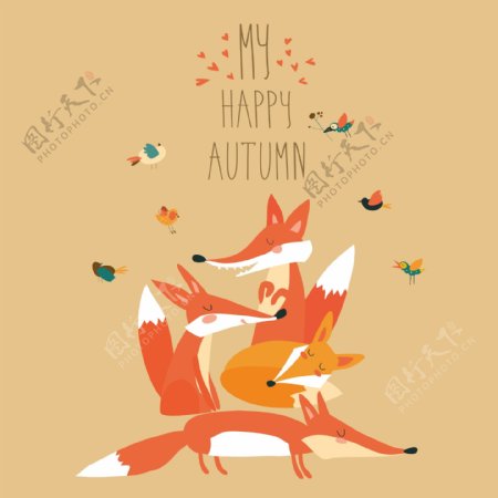 可爱的狐狸与鸟类矢量秋季插图