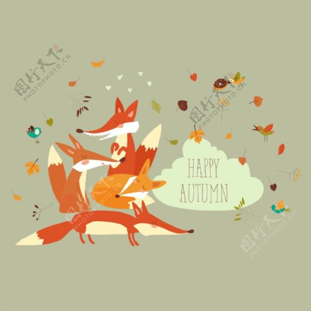 可爱的森林狐狸与矢量秋天树叶