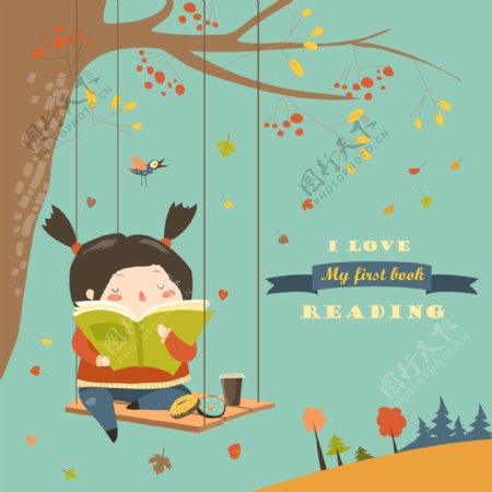 坐在秋千上读书的女孩