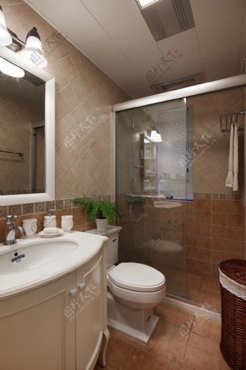 现代卫生间浅褐色瓷砖背景墙室内装修效果图