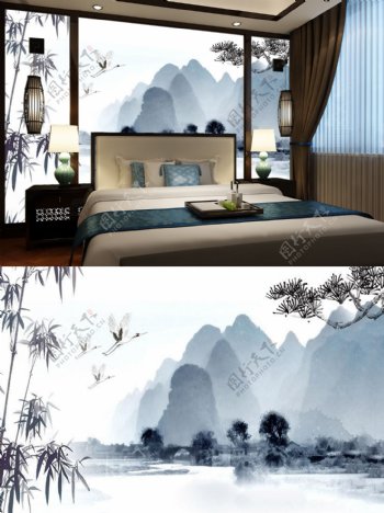 中式水墨山水画卧室背景墙