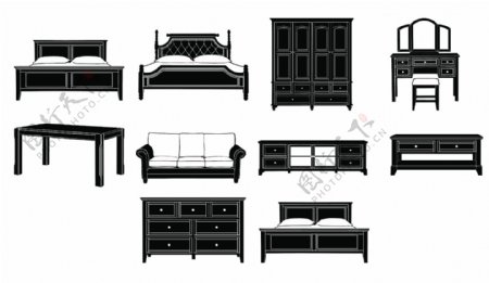 家具模具线描装饰素材CAD桌椅床沙发凳子