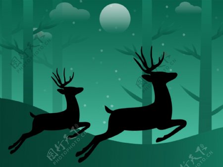 丛林月光下奔跑小鹿风景插画