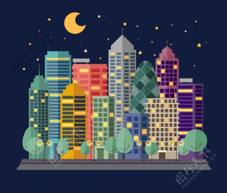 城市夜晚的建筑插画
