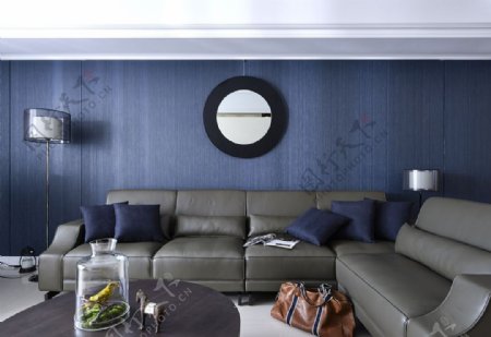 简约客厅蓝色沙发背景装修效果图