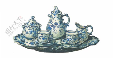 手绘蓝色陶瓷茶壶元素