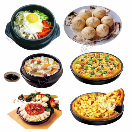 包子石锅拌饭炒年糕蔬菜披萨虾仁披萨主食米饭韩餐盘子