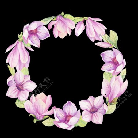 淡雅紫粉色莲花手绘花环装饰元素