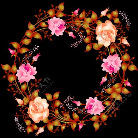 深粉色盛开玫瑰花手绘花环装饰元素