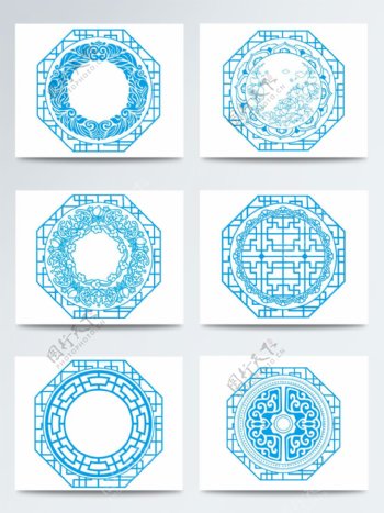蓝色中国风传统剪纸花纹窗户花纹PNG素材