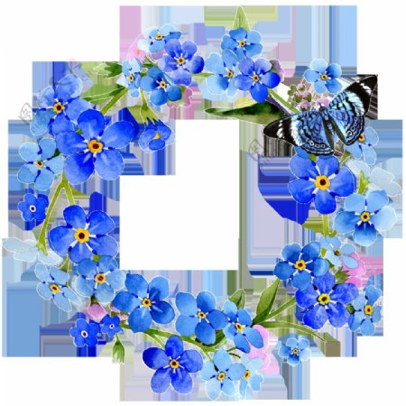 手绘蓝色水彩花环PNG透明素材