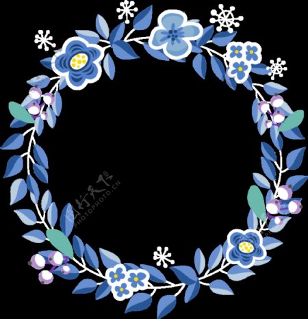 蓝色文雅手绘花环装饰元素