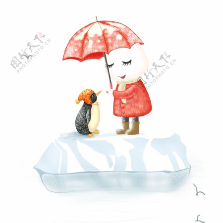 手绘卡通给小企鹅撑伞挡雪花的可爱小白熊