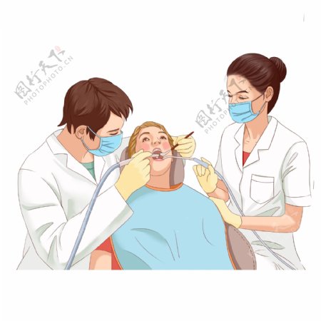 手绘卡通医生给病人检查牙齿原创元素