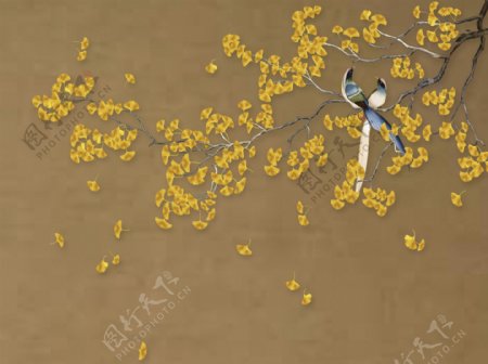 银杏花鸟手绘装饰图