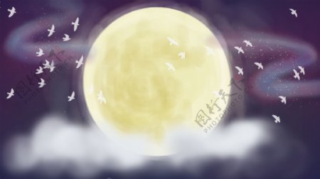 一轮明月喜鹊天空白云卡通背景