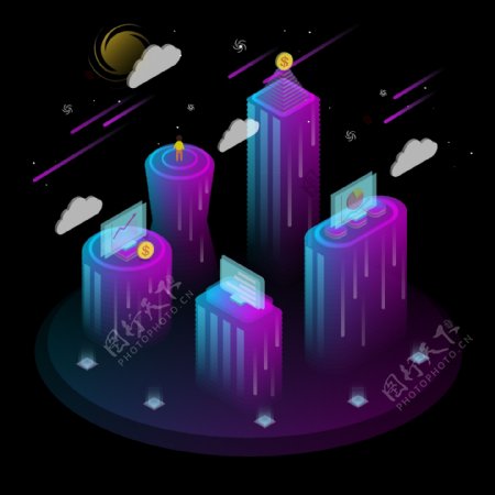 原创2.5D科技感透明城市商务办公紫色