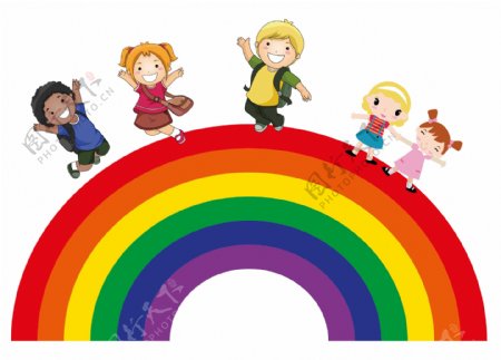 卡通儿童在彩虹桥玩耍png元素