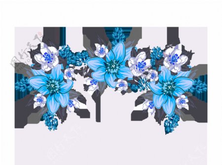 蓝色手绘盛开的花朵元素