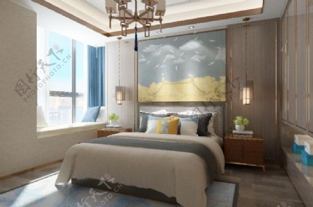 新中式温馨卧室效果图