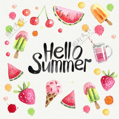 水彩绘夏天冰淇淋和水果背景