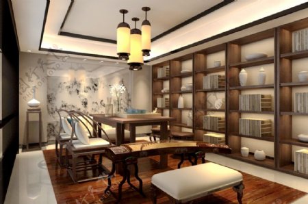 新中式现代混搭书房茶室效果图