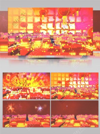 红火热闹喜庆城市卡通方块楼大红灯笼上升