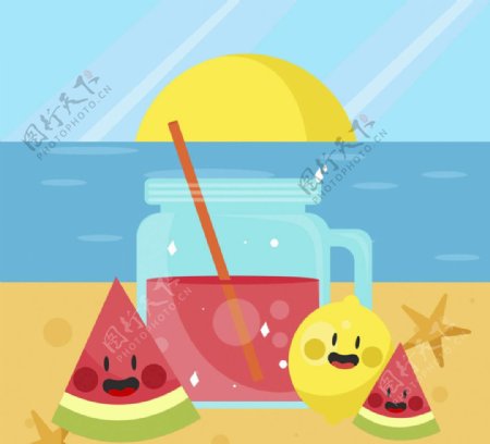卡通沙滩上的果汁和水果