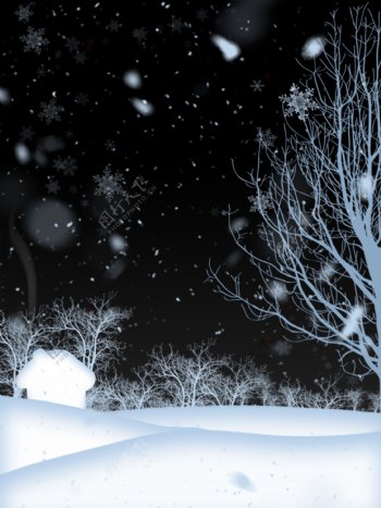 纯原创手绘冬季黑夜中雪地大雪纷飞风景背景