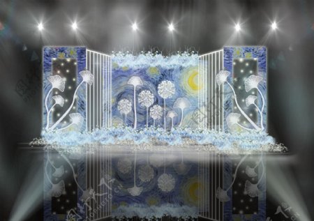 蓝色梵高油画蒲公英立体舞台装饰婚礼效果图