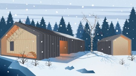 美丽村庄雪景手绘背景设计