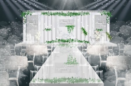 白绿小清新大理石纹婚礼主舞台效果图
