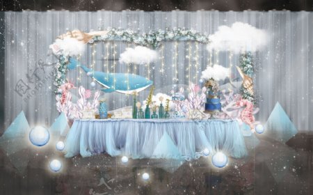 海洋蓝色夏日婚礼甜品区工装效果图
