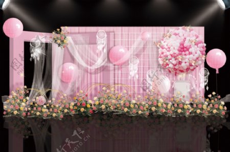 粉色热气球婚礼迎宾区合影区效果图